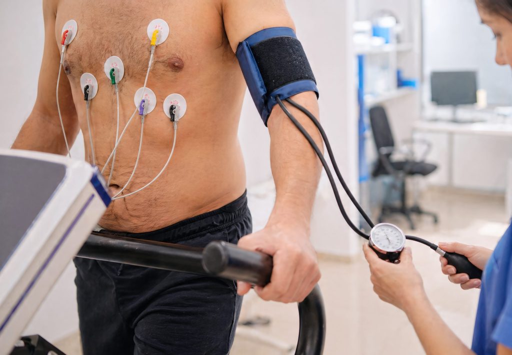 Patient on a treadmill with ECG electrodes while a technician checks blood pressure
