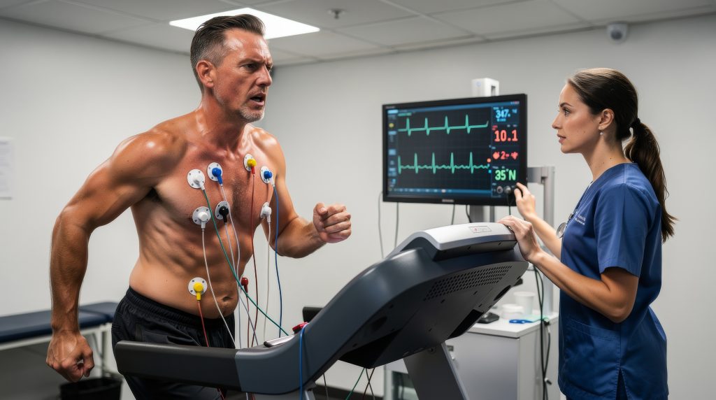 Patient walking on a treadmill during a cardiac stress test while a technician monitors the ECG