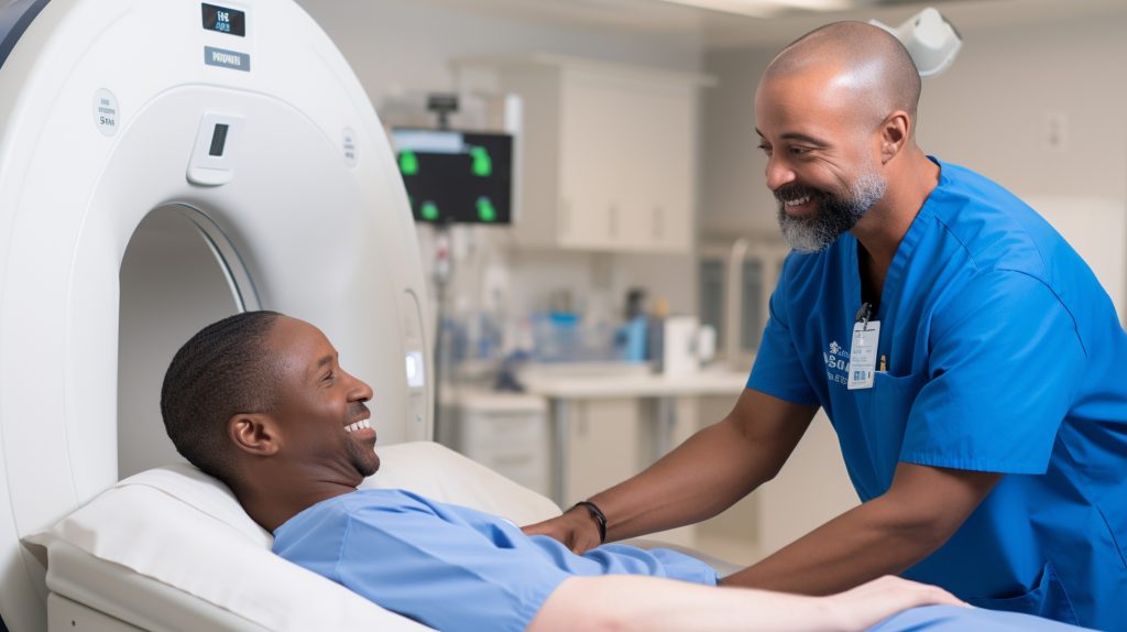 Technologist positioning a patient for a cardiac imaging scan
